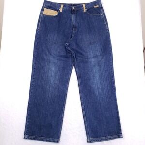 Rocawear Baggy Jeans Mens 42x34 Y2K Blue Raw Denim Streetwear Wide Leg Hip Hop